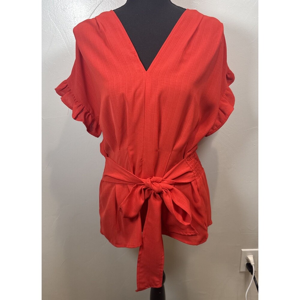 Umgee Red Shirt Womens Medium VNeck Waist Tie Ruffle Sleeves NWT